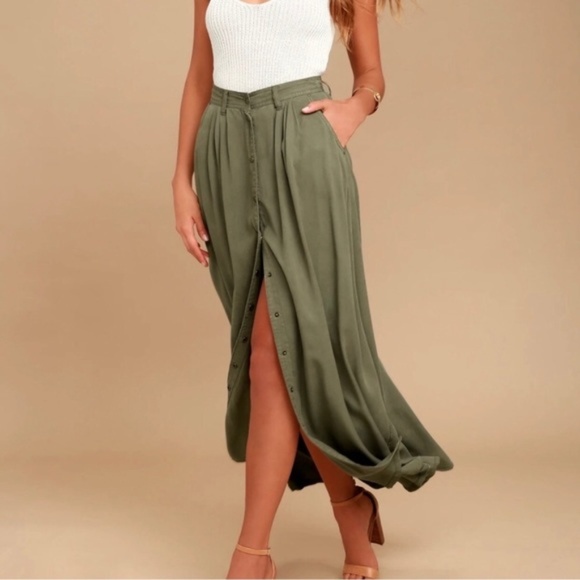 pistola Dresses & Skirts - PISTOLA My Squad Olive Green Maxi Skirt Buttons Long Size Medium NWT Boho Chic
